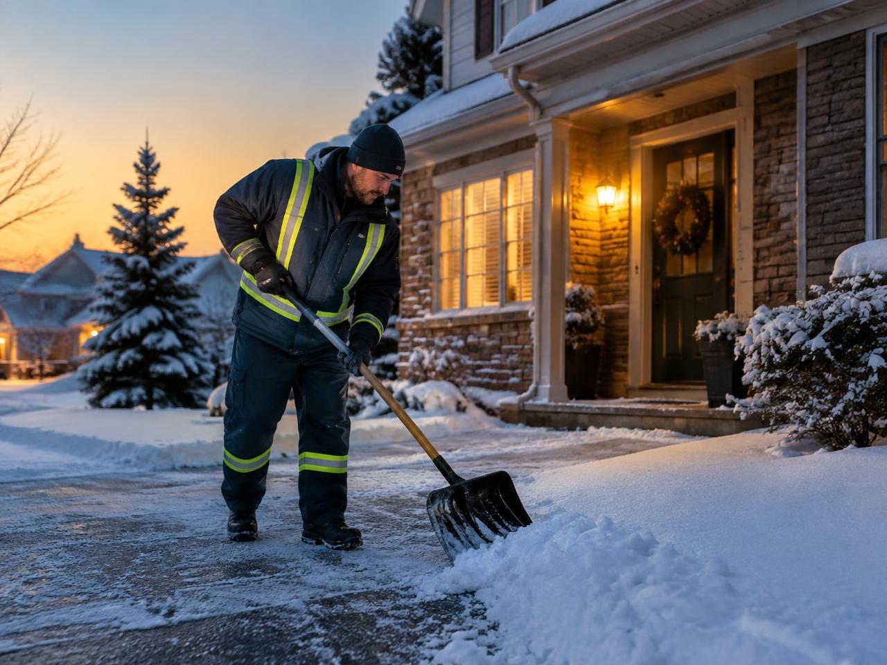 Operator clearing a driveway at dawn