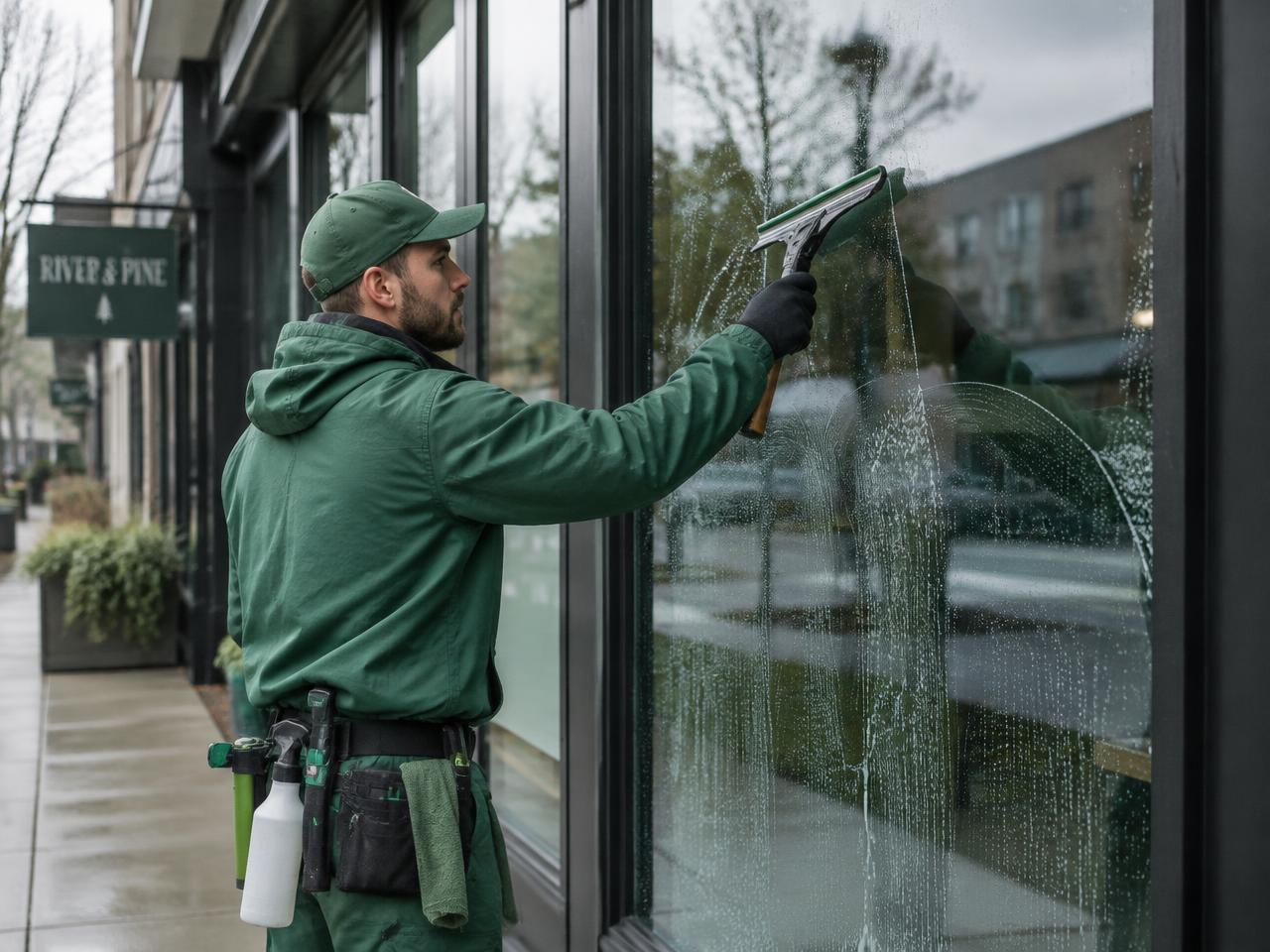 Window cleaner working on a storefront